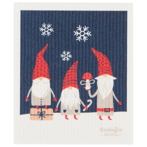 Blue dishcloth with gnomes, snowflakes, and a mushroom.