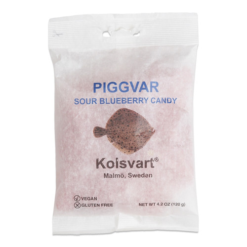 Bag of sour blueberry Piggvar candy with a fish illustration, vegan and gluten-free.