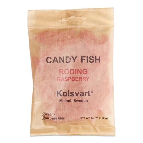 Bag of Kolsvart raspberry candy fish, vegan and gluten-free