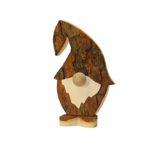 Handmade wooden bark gnome figurine with a rounded nose and feet, viewed from the front.