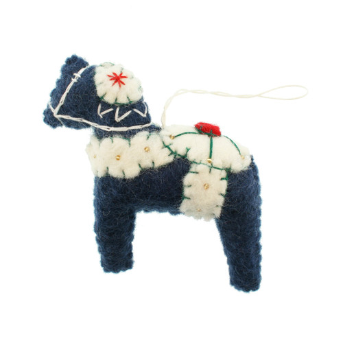A blue felt Dalahorse ornament with white, red, and green embroidered floral details and a hanging loop.