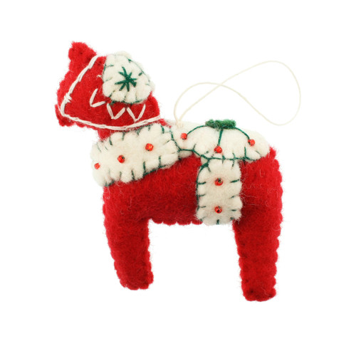 Red wool felt Dalahorse ornament with white and green embroidered details and red beads.