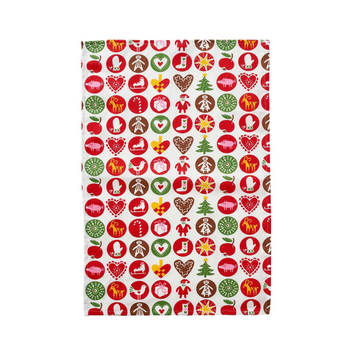 A flat-woven white organic cotton kitchen towel featuring a festive red, green, and brown holiday ornament pattern.