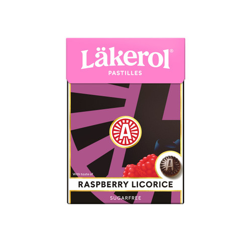Pink and black Lakerol Raspberry Licorice box with raspberry and licorice imagery.
