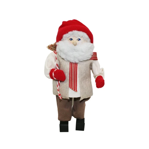 An 8-inch Swedish Tomte doll in red hat, grey jacket, brown pants, and white beard holding a candy cane.