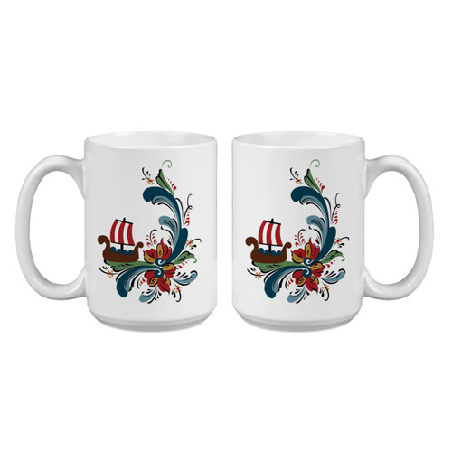 Two white ceramic mugs with a Viking ship and traditional blue, red, and green rosemaling design.