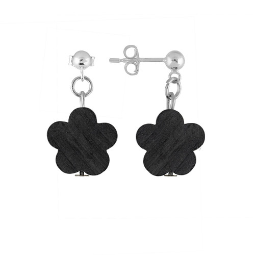 Aarikka Puistolemmikki black birch plywood flower earrings with silver studs.
