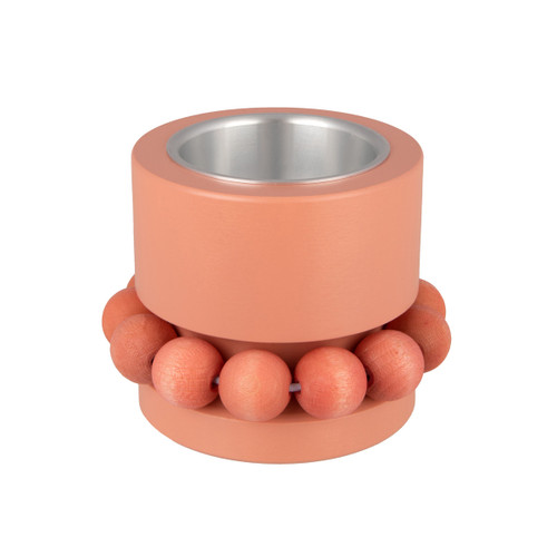 Melon pink wooden Aarikka tealight holder with a metal cup and bead wreath.