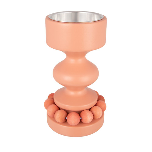 Melon-colored wooden Prinssi candle holder with a metal cup and bead wreath.