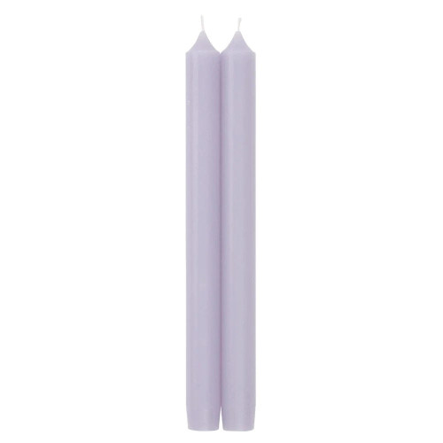 Two 10-inch lavender taper candles standing upright against a white background.