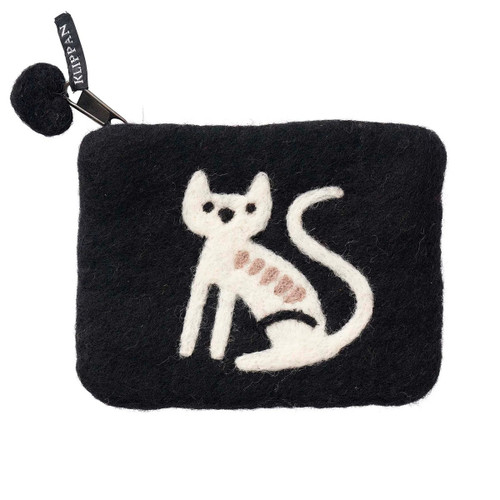 Black felt coin purse featuring a white sitting cat appliqué with pink stripes.