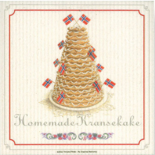 Swedish dishcloth with Kransekake cake and Norway flags