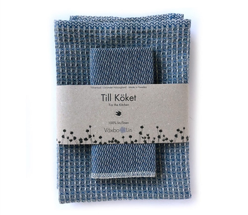 Linen "Bubbel" Towel & Dishcloth Set - Blue (87-13)