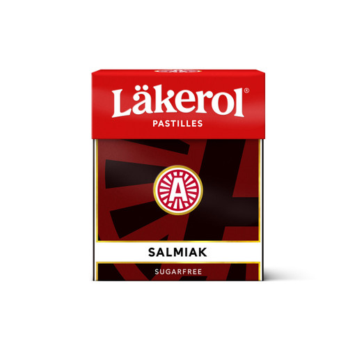 Red and black Lakerol Salmiak pastilles box with white text and logo; sugar-free.