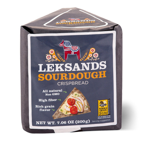 Dark gray Leksands Sourdough Crispbread package, triangular shape, navy label, red horse logo, crispbread slice with