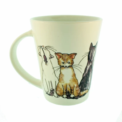 White porcelain mug with a hand-drawn illustration of three cats and mice.