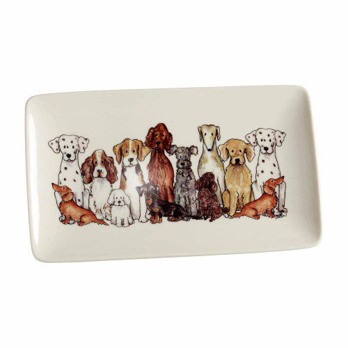 Rectangular white porcelain plate featuring a hand-drawn illustration of various dog breeds.