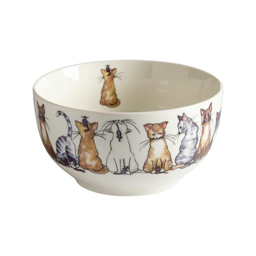 White porcelain bowl featuring an illustrated wrap-around pattern of colorful cats.