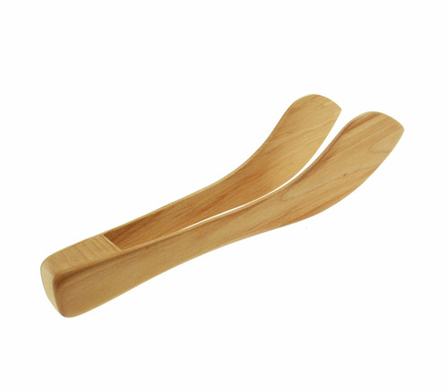 Wooden alder tongs, light brown, curved handles, angled view.