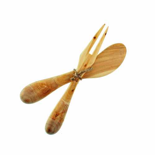 Wooden juniper knife and fork set, tied together with twine, light wood grain, angled view.