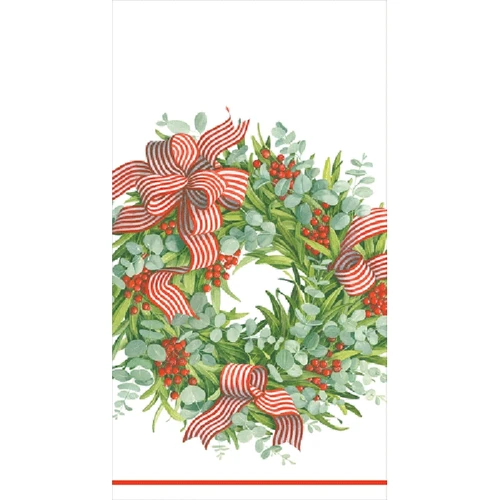 Watercolor wreath with red bows and berries on white paper guest towel.