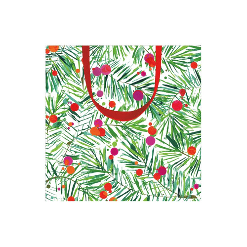 Small square gift bag with a green pine branch and colorful berry pattern, featuring red handles.