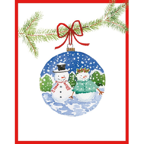 Watercolor Christmas card with a blue ornament hanging from pine branches, featuring two snowmen.