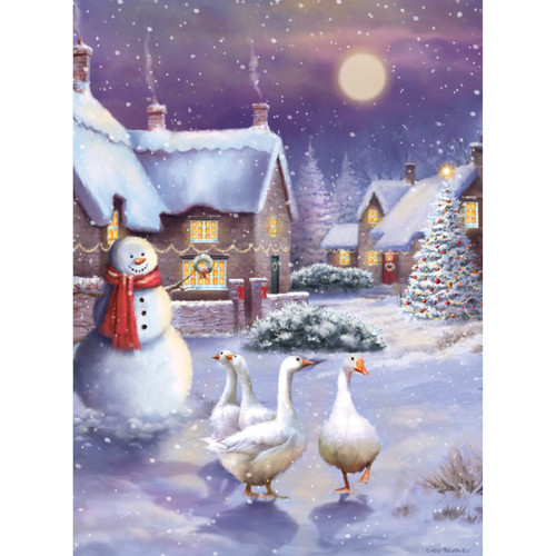 An illustrated winter scene with a smiling snowman, four geese, cottages, and a lit Christmas tree in snow.
