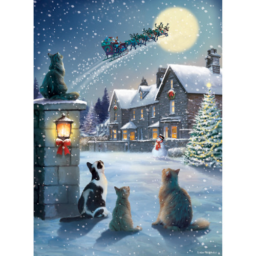 Four cats look up at Santa's sleigh flying over a snowy village with a lit Christmas tree and full moon.