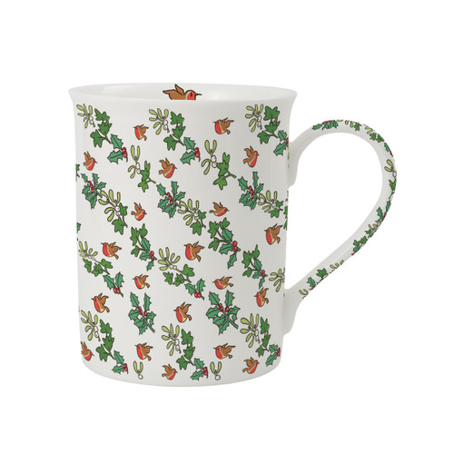 White fine bone china mug with repeating holly, mistletoe, and robin illustrations.