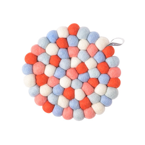 Round wool trivet with colorful felt balls in red, blue, pink, and white. Features a hanging loop.