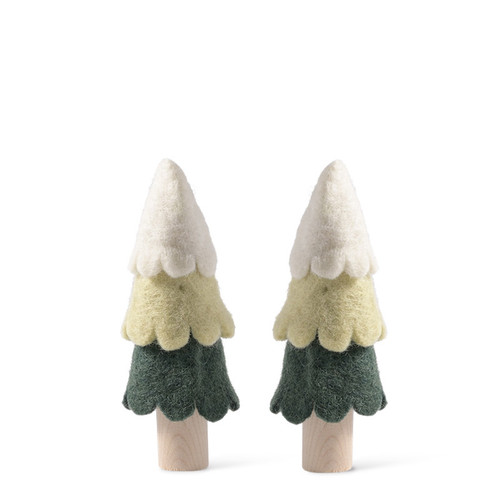 Two wool felt Christmas trees in white, yellow, and green on wooden trunks.
