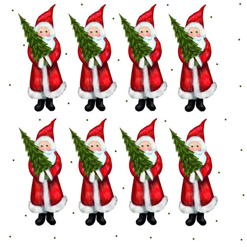 Red and white Tomte Santa napkins with green trees, white background.