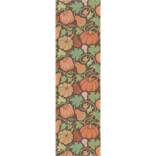Vertical table runner with a repeating pattern of pumpkins, gourds, and leaves on a brown background.