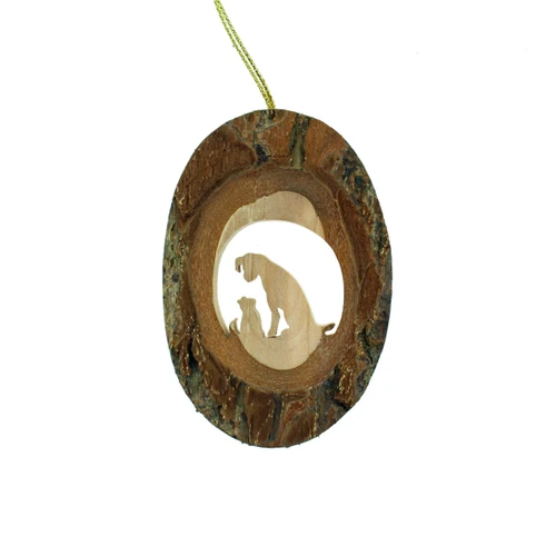 Oval wood ornament with natural bark edge, featuring a cut-out silhouette of a dog and cat, hung by twine.