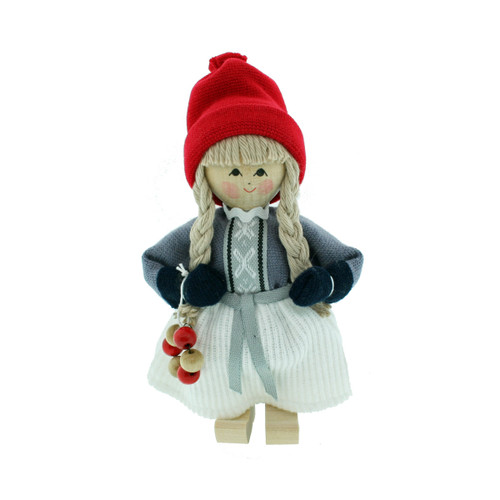 Butticki Swedish tomte girl figurine with blonde braids, red hat, grey sweater, white skirt, and wooden shoes.