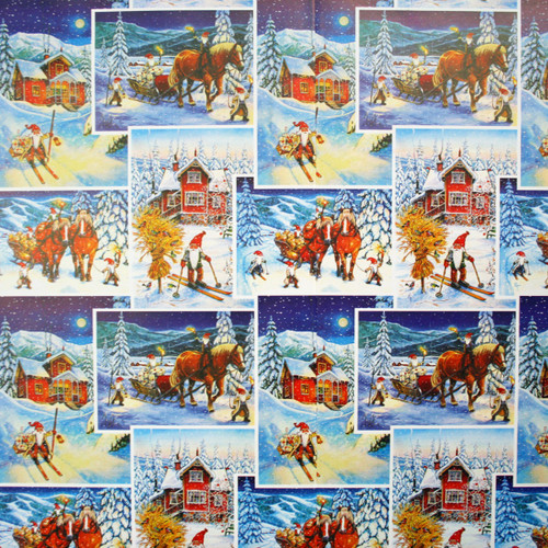 Christmas wrapping paper with Tomtes skiing and pulling sleighs on a snowy night.