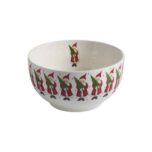 White ceramic holiday bowl decorated with a repeating pattern of Swedish Santas holding Christmas trees.