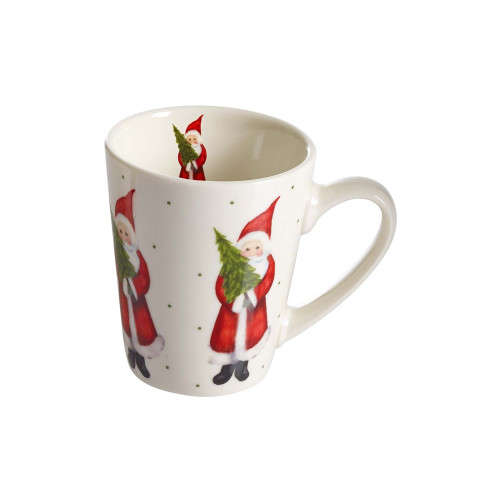 White ceramic mug with Santa Claus illustrations and green polka dots.