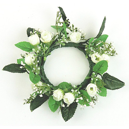 Cream rose bud and green leaf candle ring, 4.5" outer diameter