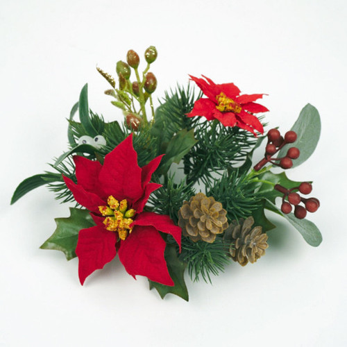 Holiday candle ring with red poinsettias, pinecones, green pine branches, and berries on a white background.