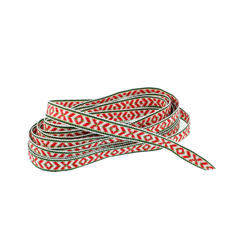 A coiled spool of 1/2-inch wide Nordic fabric ribbon in white, green, and red.