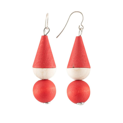 Aarikka Korvatunturi drop earrings featuring red and natural wood cones and beads on silver hooks.