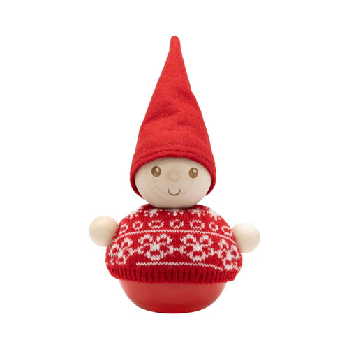 Wooden elf figure wearing a red felt cap and patterned red sweater.