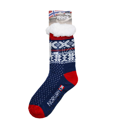Blue and red Norwegian-style slipper sock with white shearling cuff and non-slip sole, on cardboard hanger.