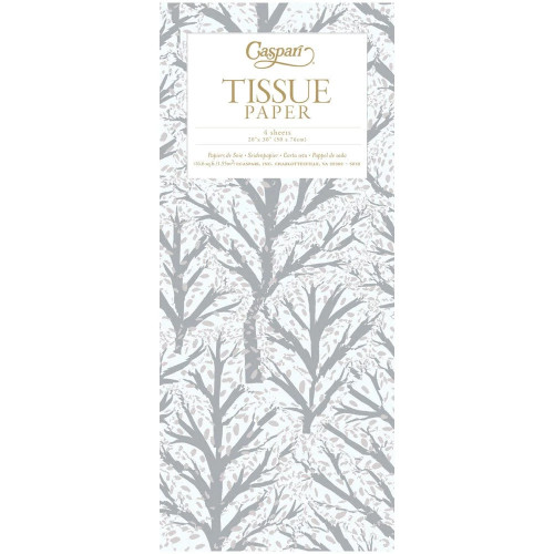 Pack of Caspari Winter Trees Silver tissue paper with a metallic gray and white tree pattern.