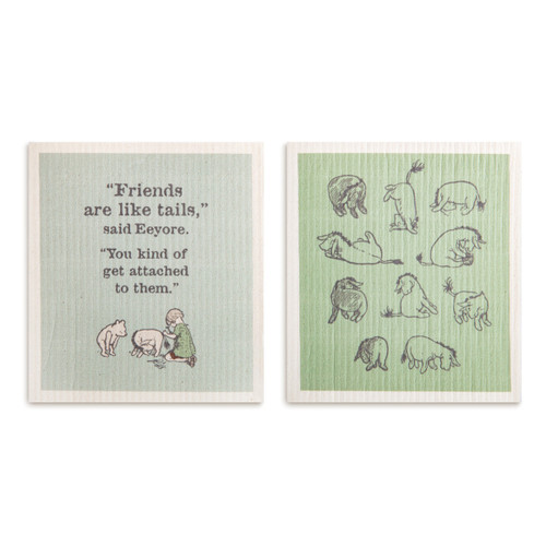 Two green Swedish dishcloths, one with Eeyore quote, one with Eeyore illustrations.