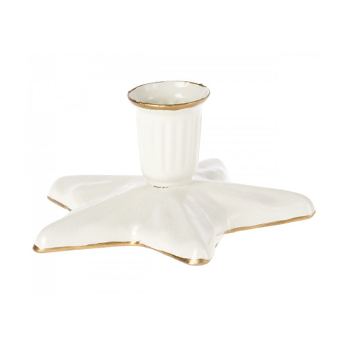 White star-shaped ceramic candleholder with gold trim, holding a single chime candle.