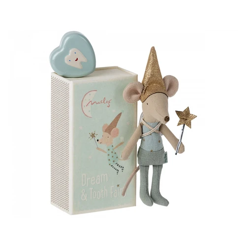 Maileg blue tooth fairy boy mouse with gold hat and star wand, beside matchbox and tooth tin.