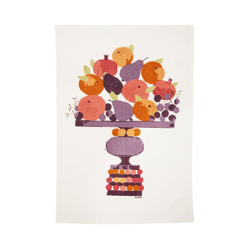 Aarikka white kitchen towel with a colorful, stylized fruit bowl illustration.